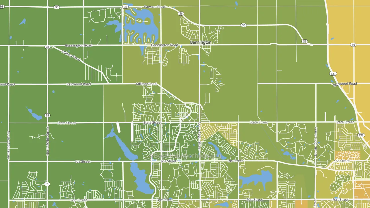 Map of the best neighborhoods in the 68007 area, with better matches in green and worse matches in red