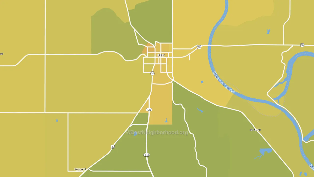 Map of the best neighborhoods in the 68008 area, with better matches in green and worse matches in red