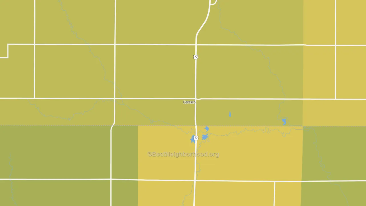 Map of the best neighborhoods in the 68017 area, with better matches in green and worse matches in red