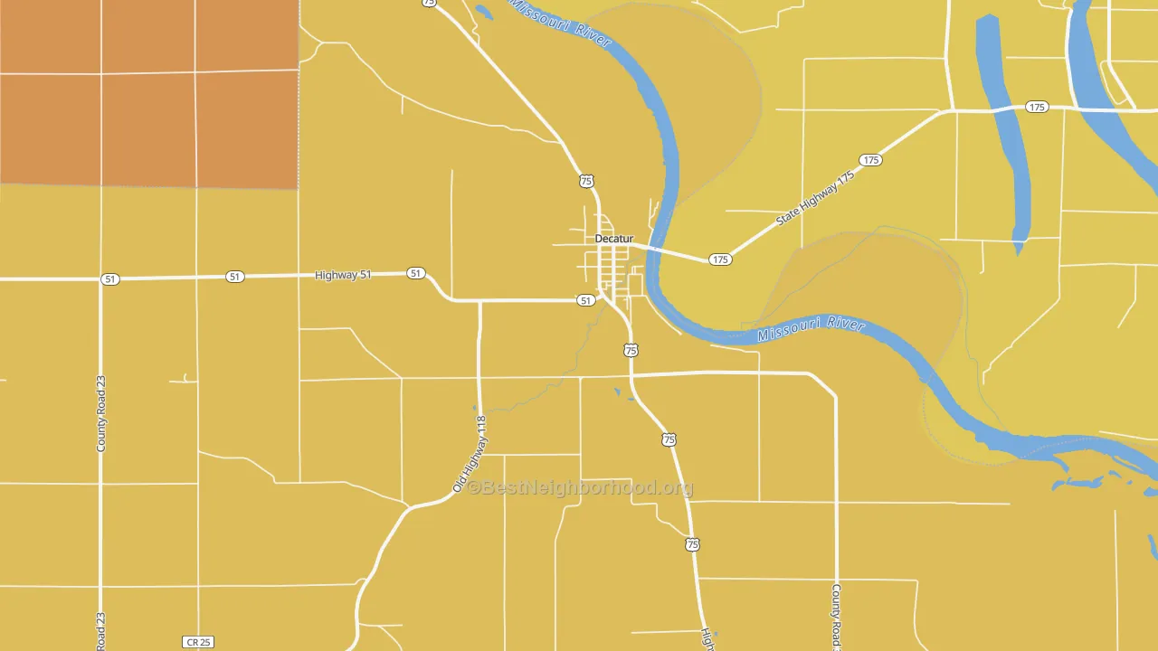 Map of the best neighborhoods in the 68020 area, with better matches in green and worse matches in red