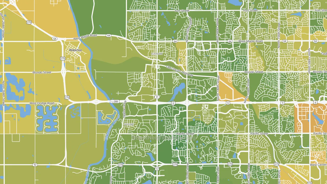 Map of the best neighborhoods in the 68022 area, with better matches in green and worse matches in red