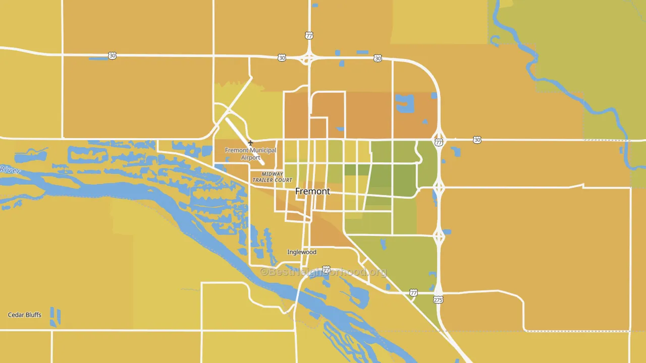 Map of the best neighborhoods in the 68025 area, with better matches in green and worse matches in red