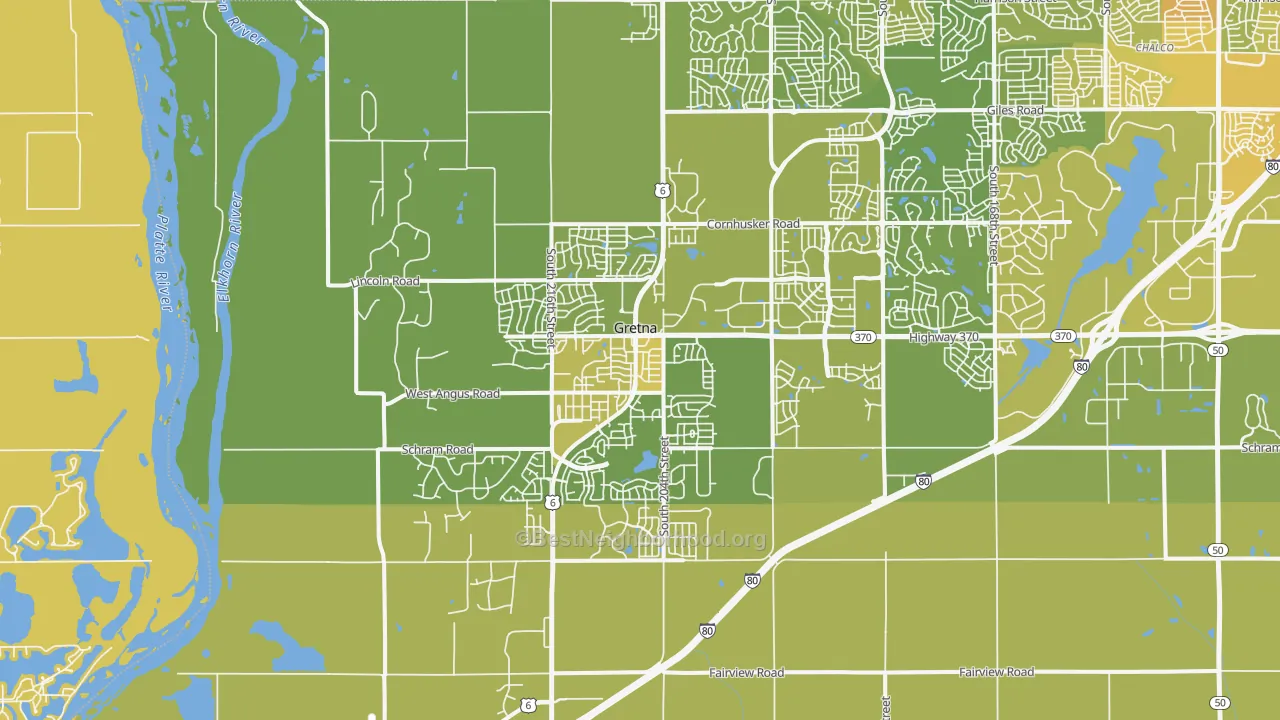 Map of the best neighborhoods in the 68028 area, with better matches in green and worse matches in red