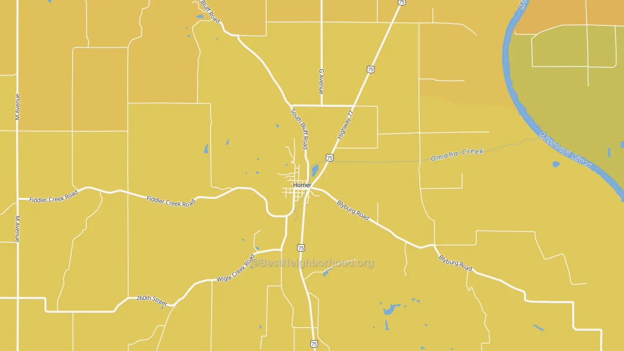 Map of the best neighborhoods in the 68030 area, with better matches in green and worse matches in red