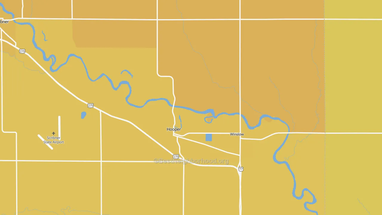 Map of the best neighborhoods in the 68031 area, with better matches in green and worse matches in red