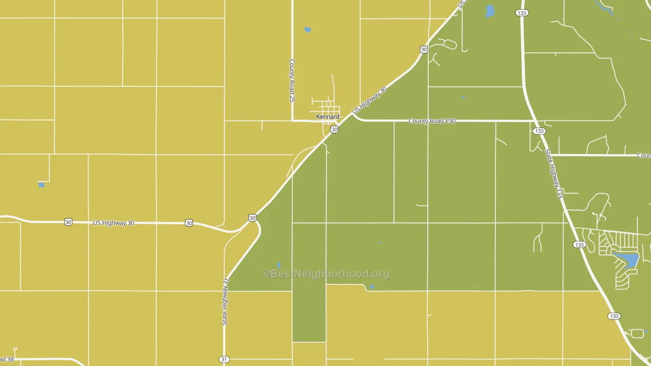 Map of the best neighborhoods in the 68034 area, with better matches in green and worse matches in red