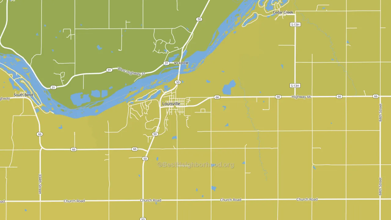 Map of the best neighborhoods in the 68037 area, with better matches in green and worse matches in red