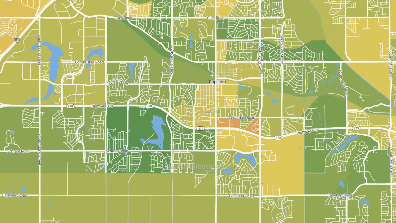 Map of the best neighborhoods in the 68046 area, with better matches in green and worse matches in red