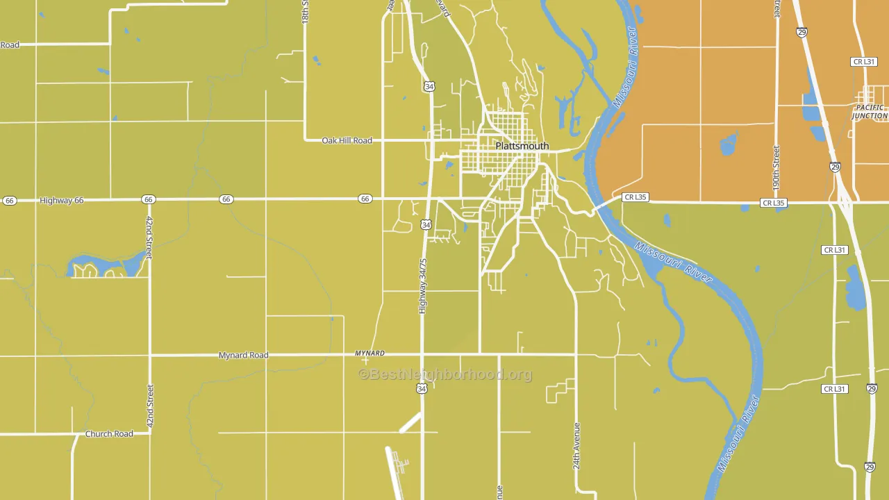 Map of the best neighborhoods in the 68048 area, with better matches in green and worse matches in red