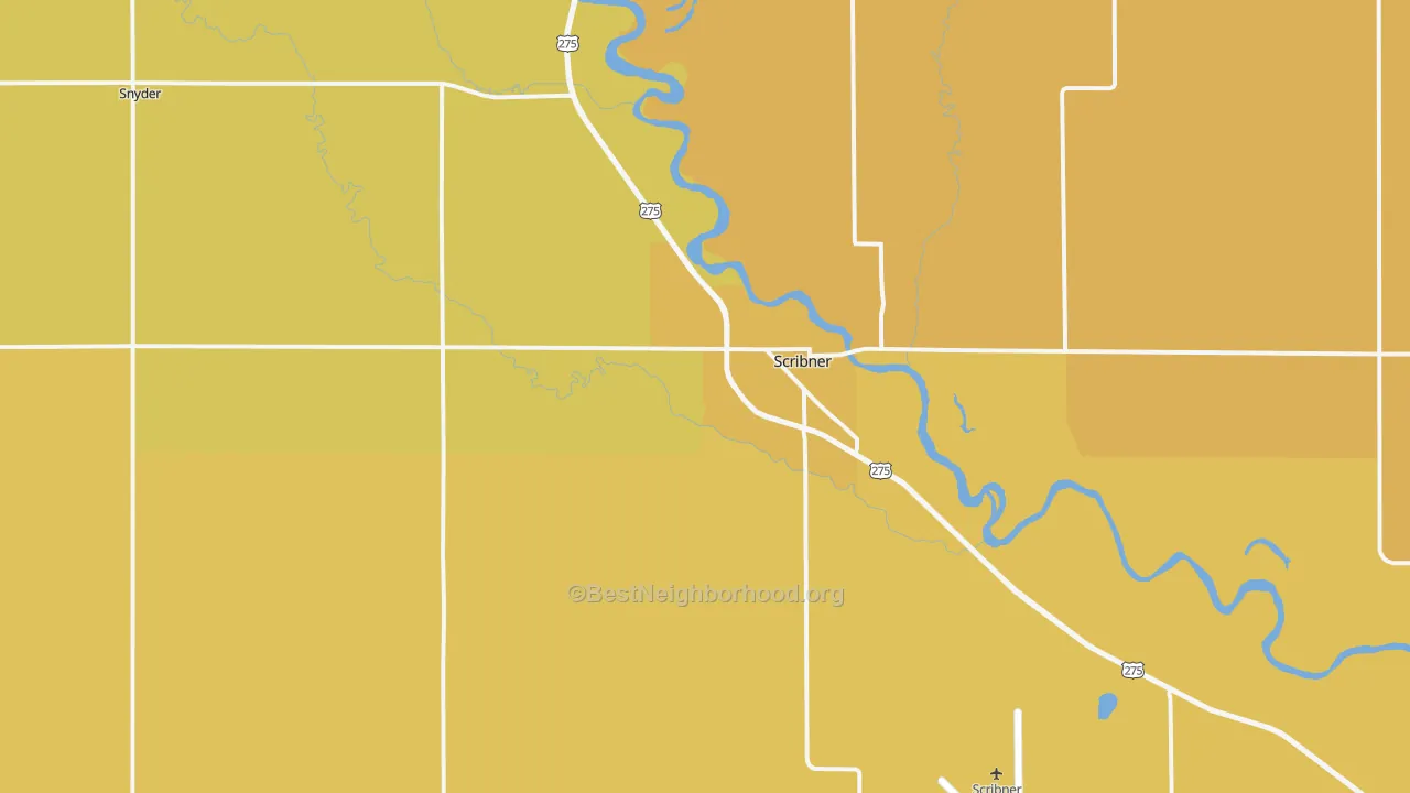 Map of the best neighborhoods in the 68057 area, with better matches in green and worse matches in red