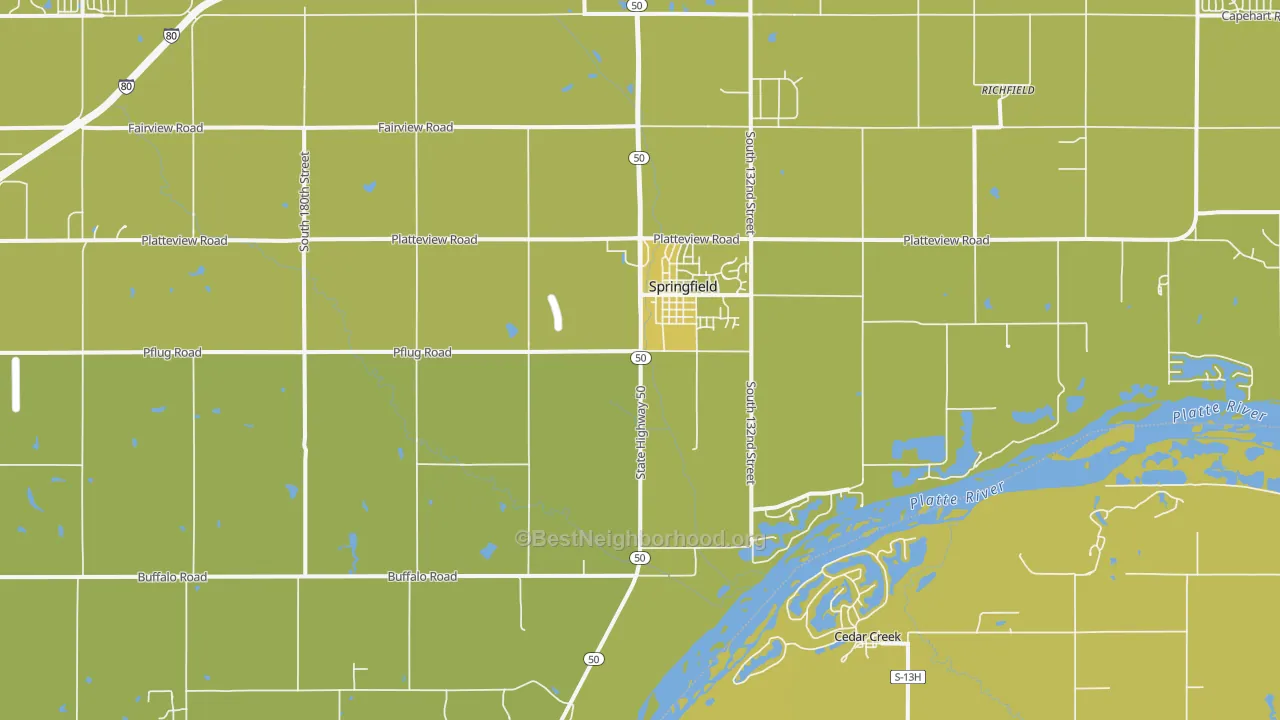 Map of the best neighborhoods in the 68059 area, with better matches in green and worse matches in red