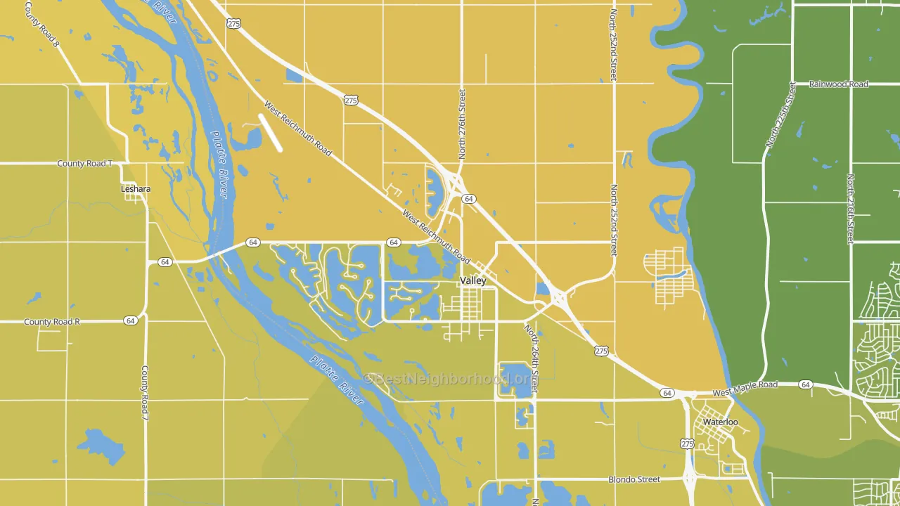 Map of the best neighborhoods in the 68064 area, with better matches in green and worse matches in red