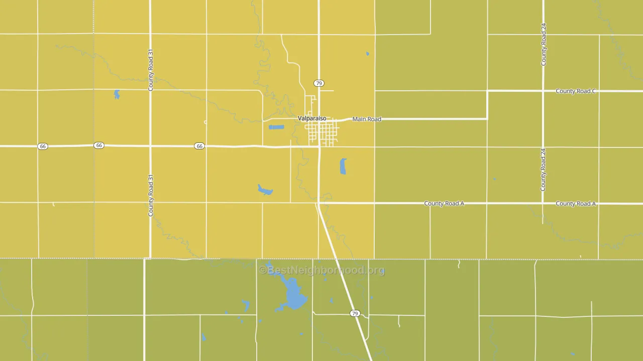 Map of the best neighborhoods in the 68065 area, with better matches in green and worse matches in red