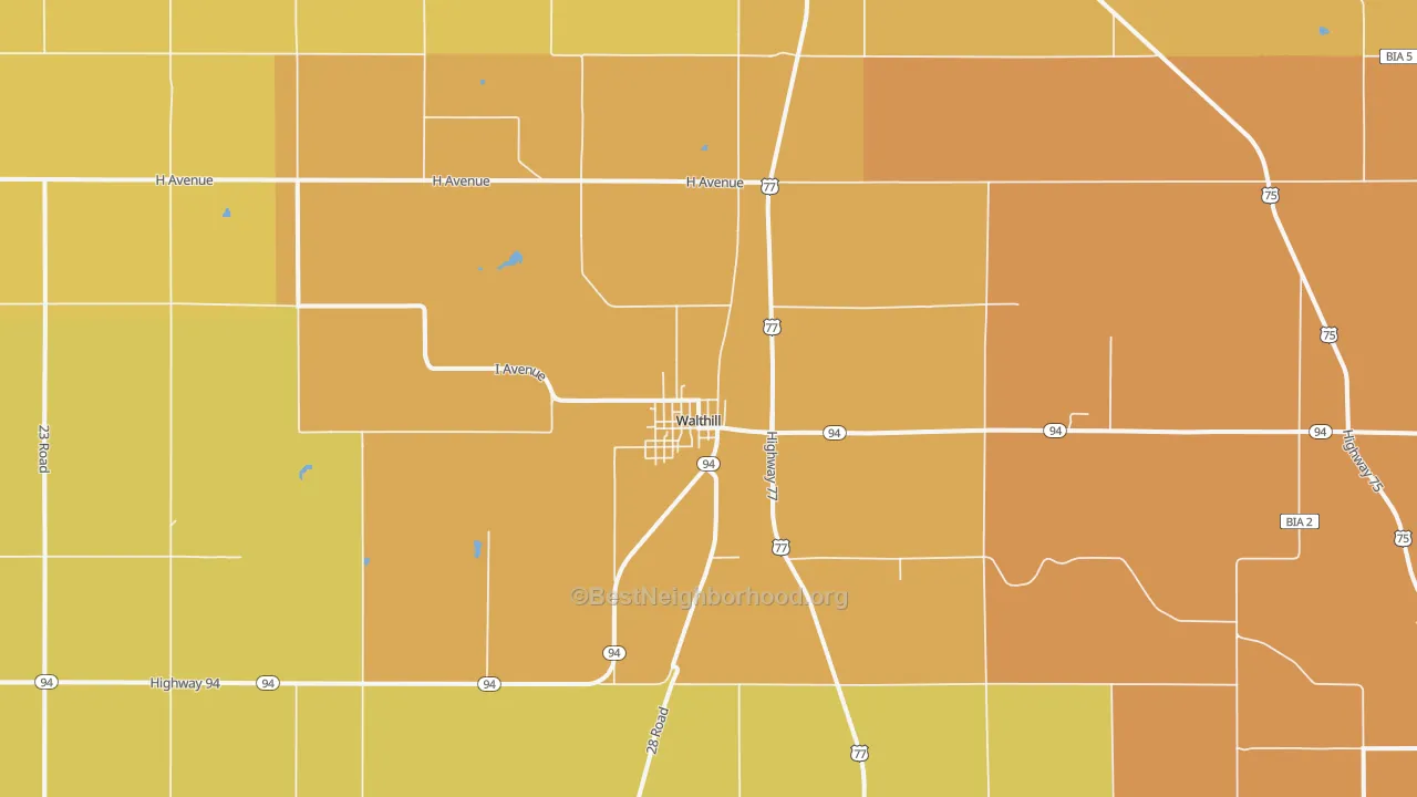 Map of the best neighborhoods in the 68067 area, with better matches in green and worse matches in red