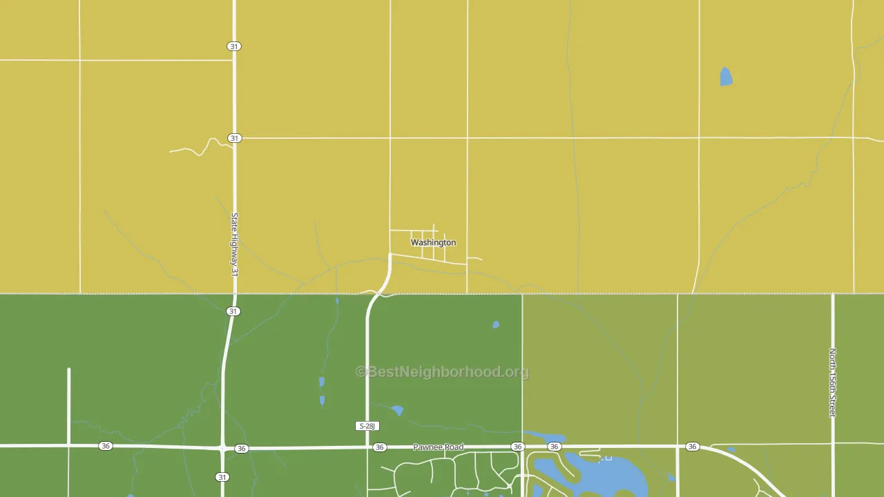 Map of the best neighborhoods in the 68068 area, with better matches in green and worse matches in red
