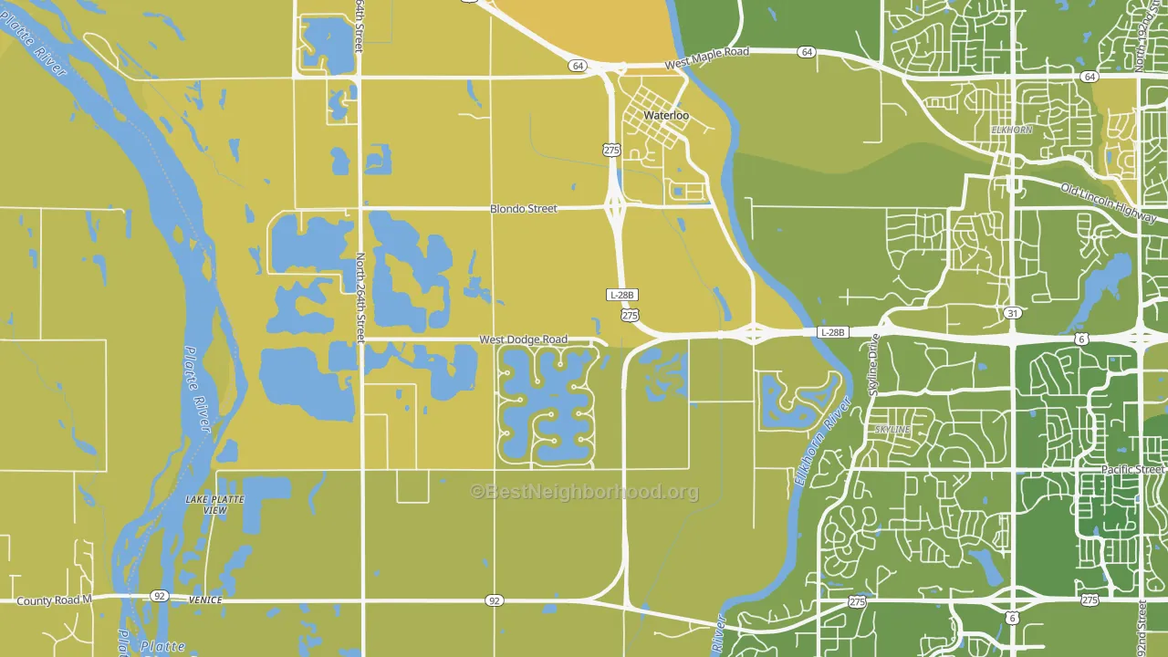 Map of the best neighborhoods in the 68069 area, with better matches in green and worse matches in red