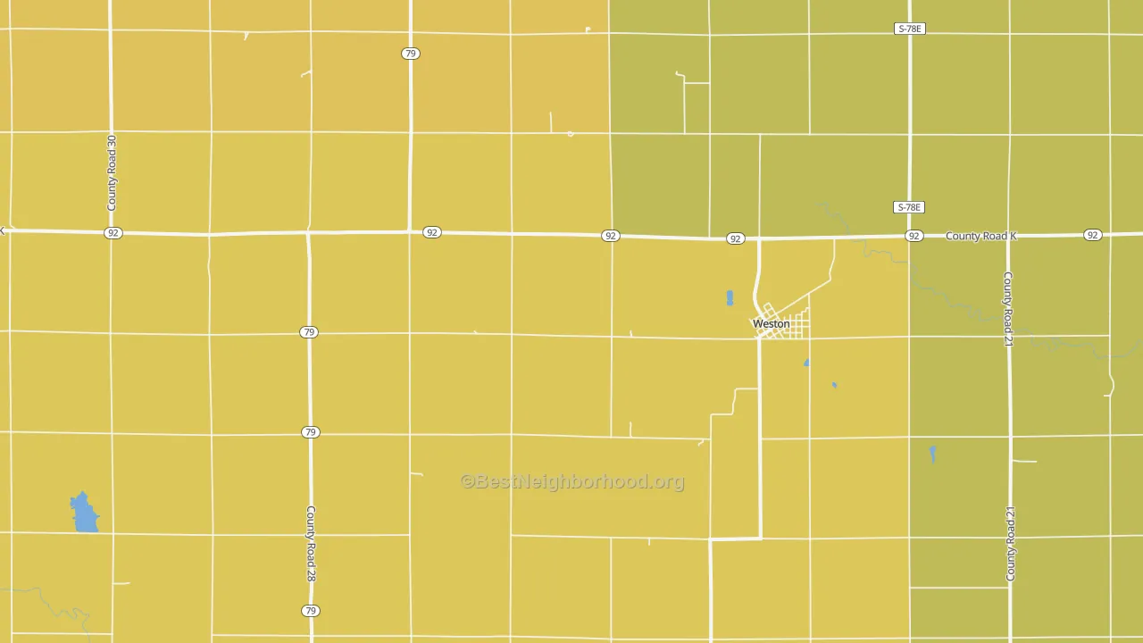 Map of the best neighborhoods in the 68070 area, with better matches in green and worse matches in red