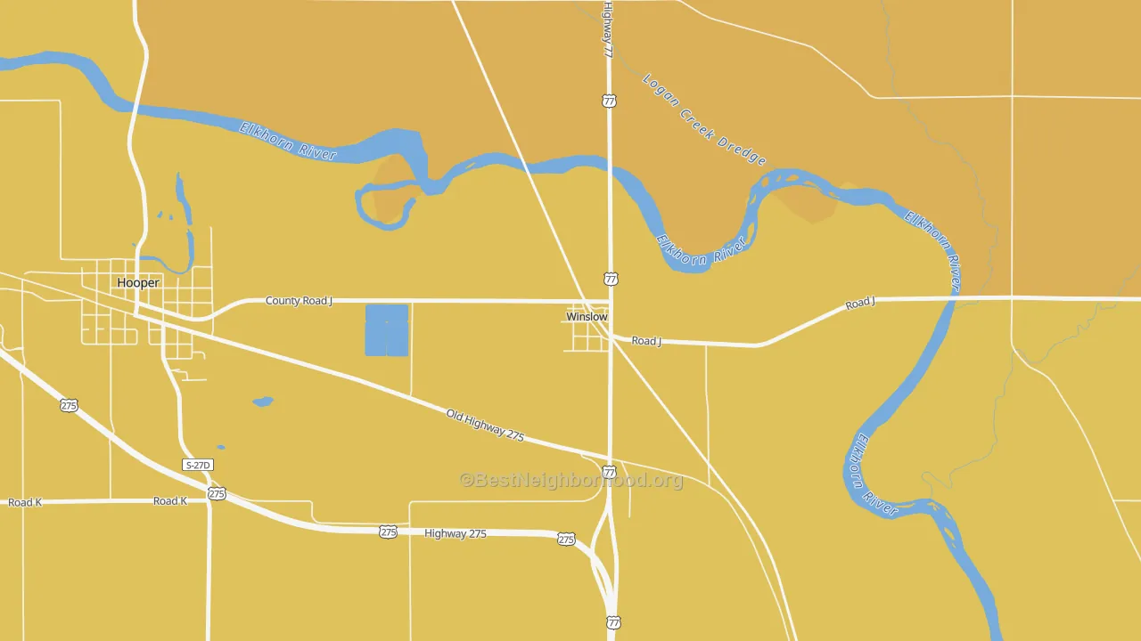 Map of the best neighborhoods in the 68072 area, with better matches in green and worse matches in red