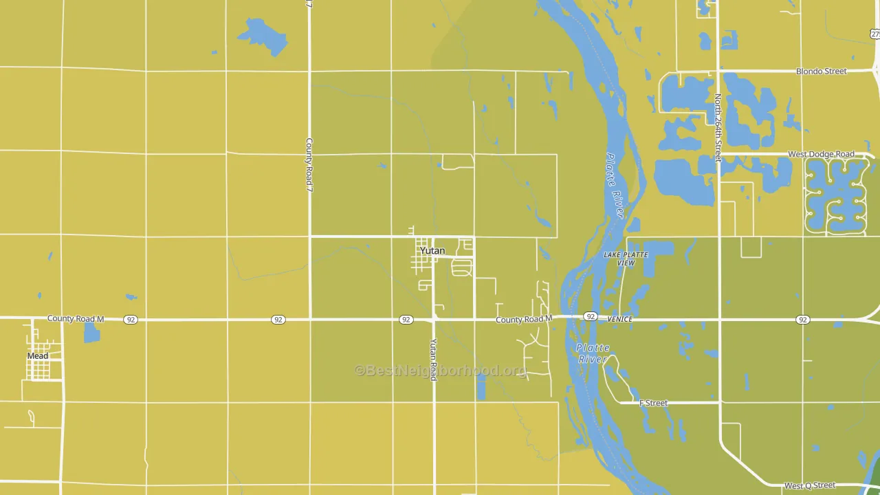 Map of the best neighborhoods in the 68073 area, with better matches in green and worse matches in red