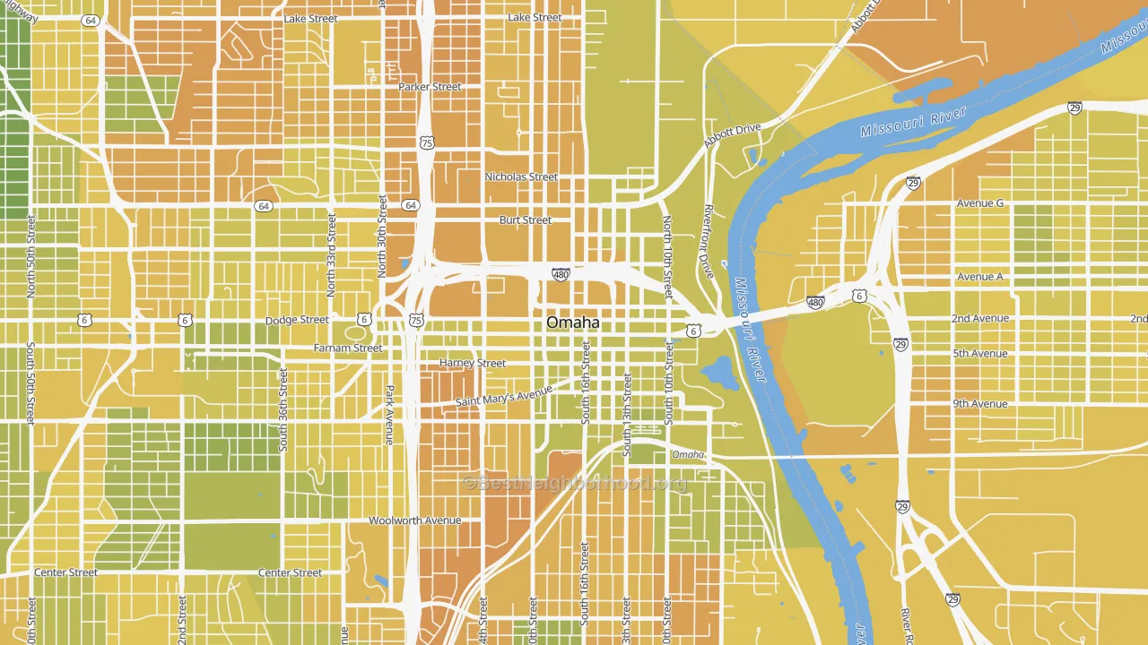Map of the best neighborhoods in the 68102 area, with better matches in green and worse matches in red