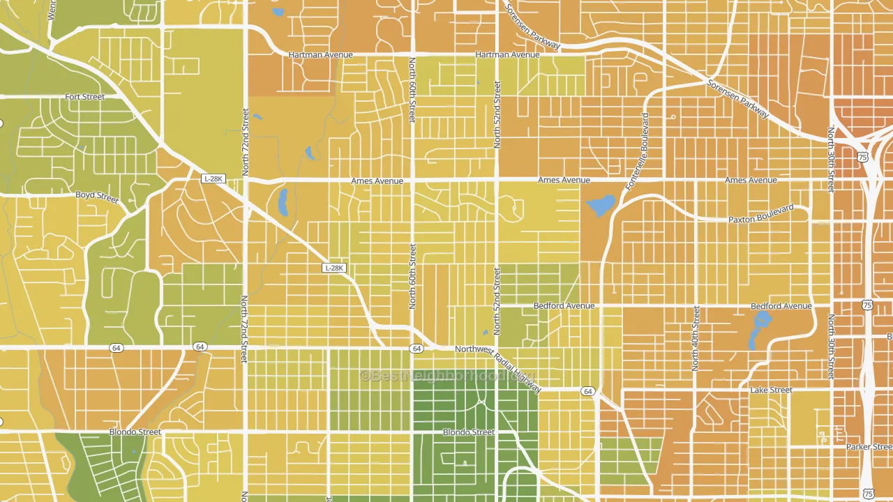 Map of the best neighborhoods in the 68104 area, with better matches in green and worse matches in red