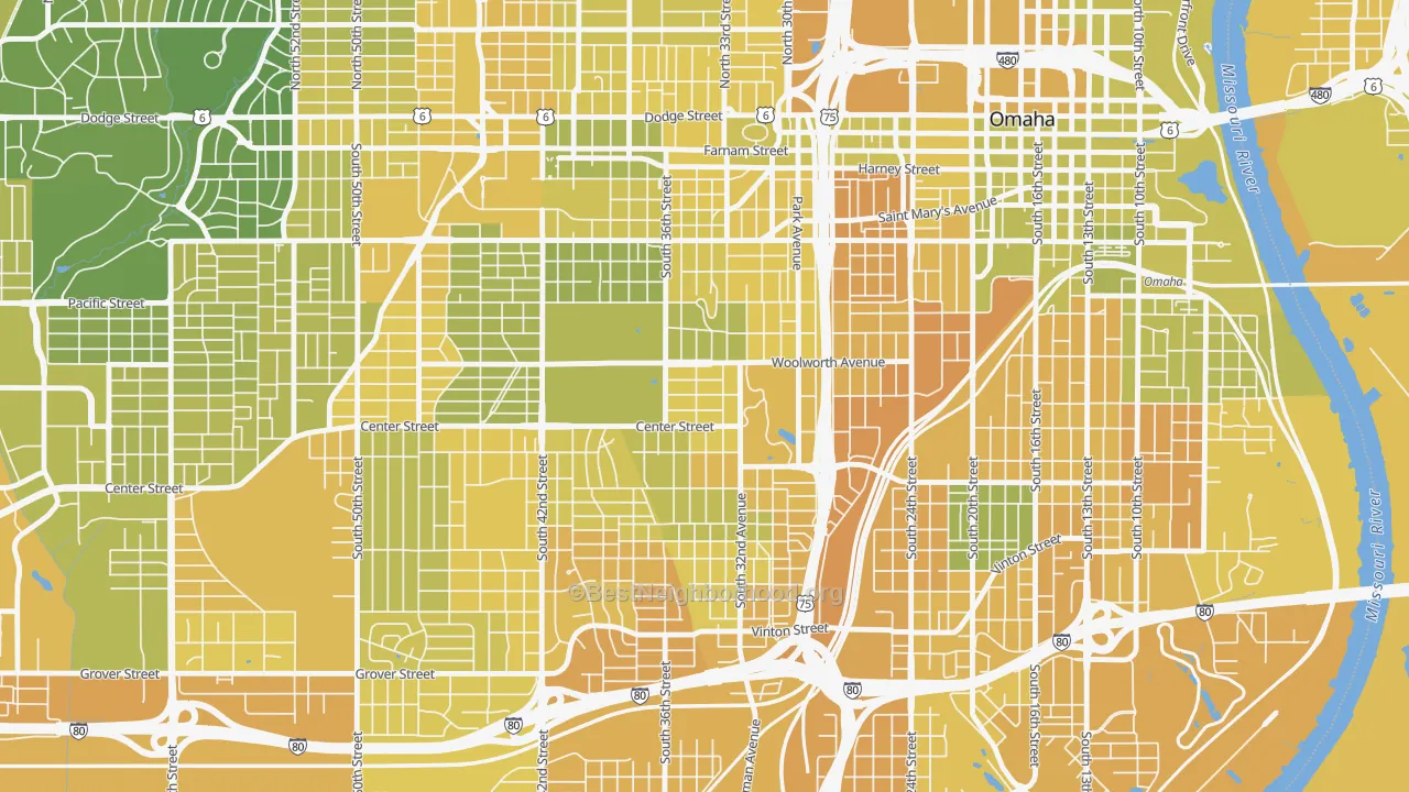 Map of the best neighborhoods in the 68105 area, with better matches in green and worse matches in red