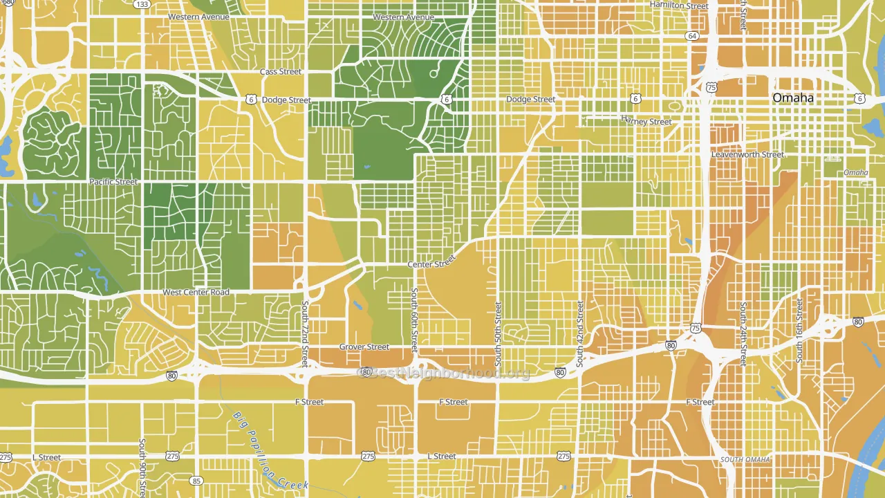 Map of the best neighborhoods in the 68106 area, with better matches in green and worse matches in red
