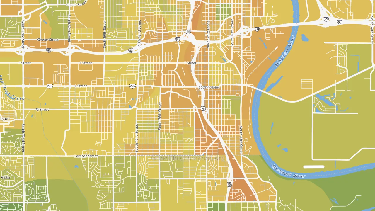 Map of the best neighborhoods in the 68107 area, with better matches in green and worse matches in red