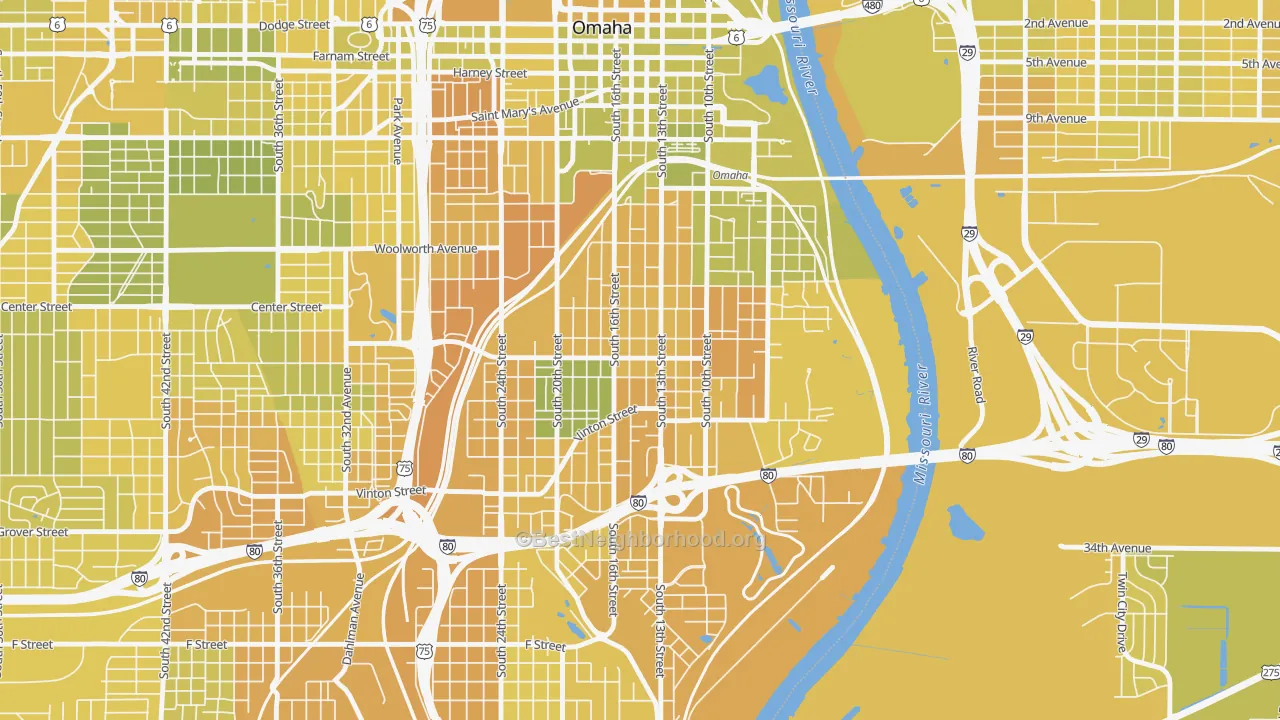 Map of the best neighborhoods in the 68108 area, with better matches in green and worse matches in red