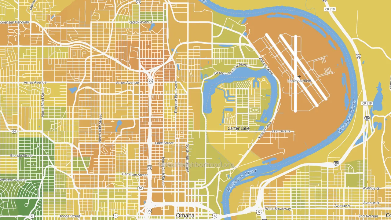 Map of the best neighborhoods in the 68110 area, with better matches in green and worse matches in red
