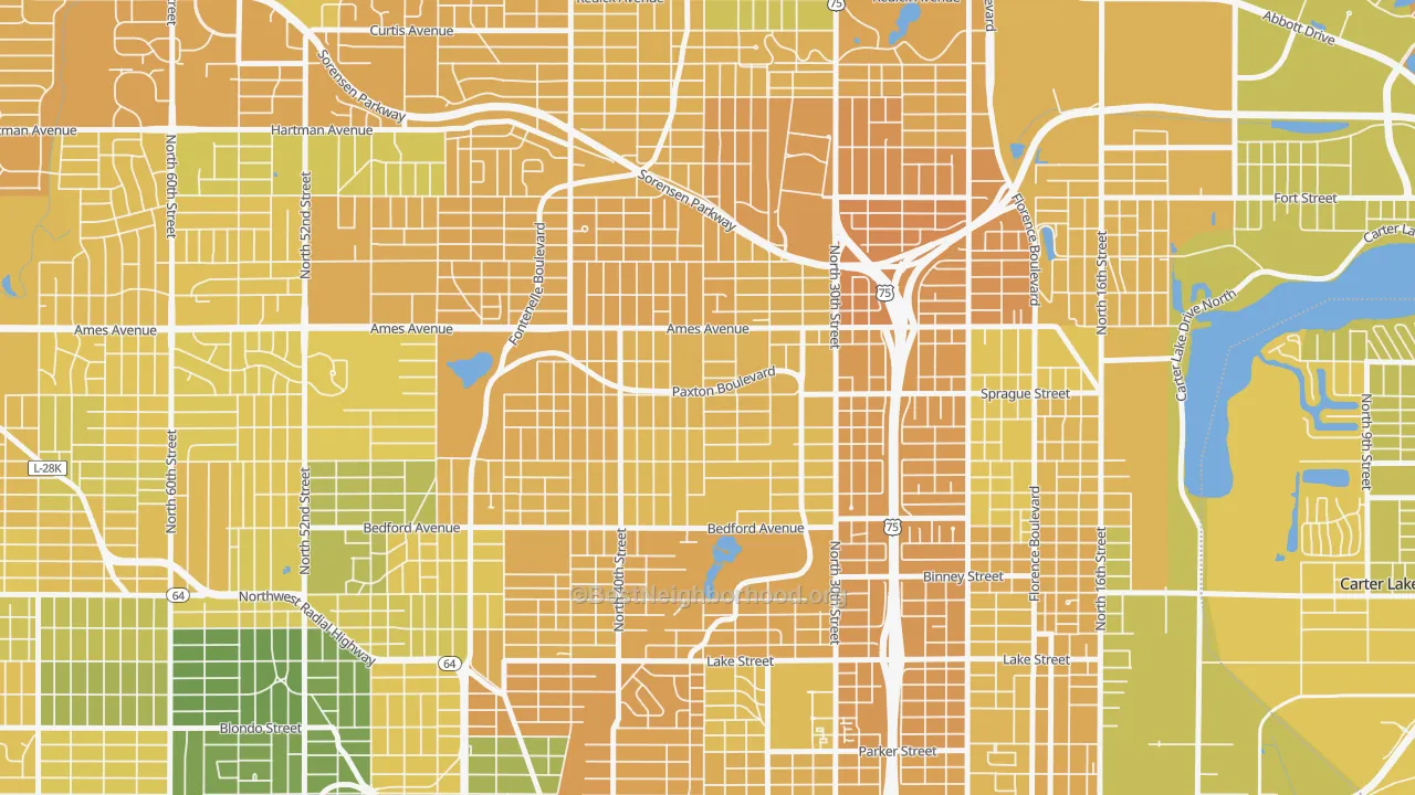 Map of the best neighborhoods in the 68111 area, with better matches in green and worse matches in red