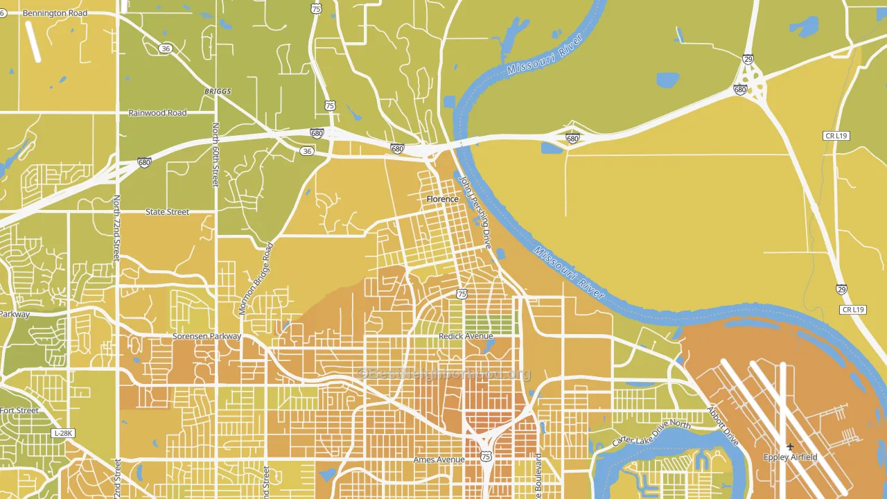 Map of the best neighborhoods in the 68112 area, with better matches in green and worse matches in red