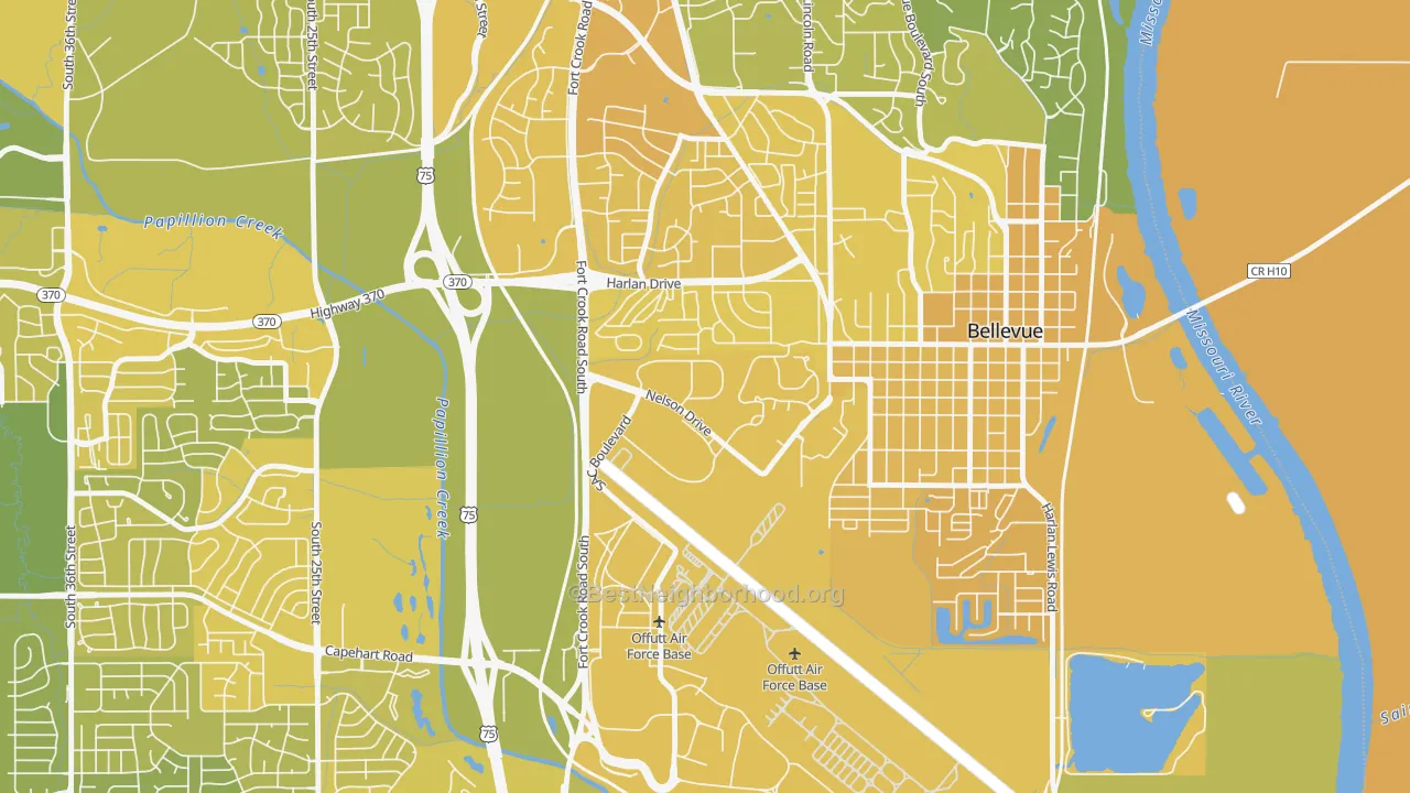 Map of the best neighborhoods in the 68113 area, with better matches in green and worse matches in red