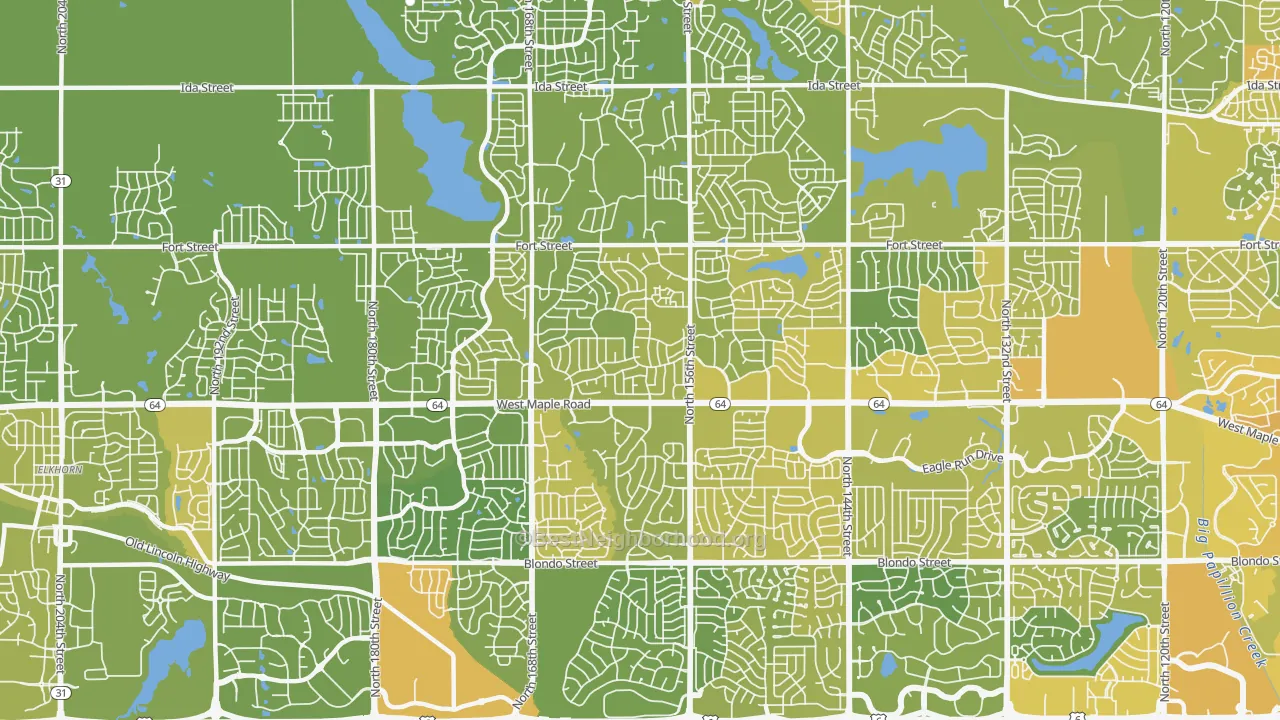 Map of the best neighborhoods in the 68116 area, with better matches in green and worse matches in red
