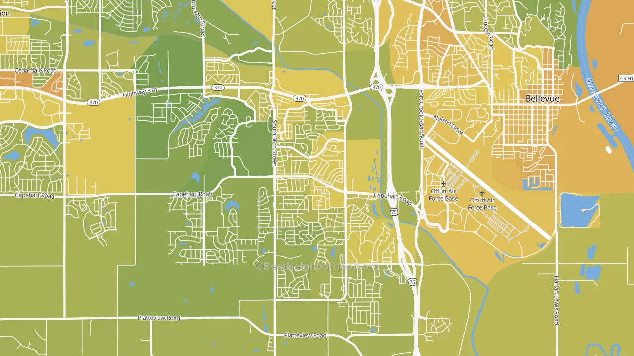 Map of the best neighborhoods in the 68123 area, with better matches in green and worse matches in red