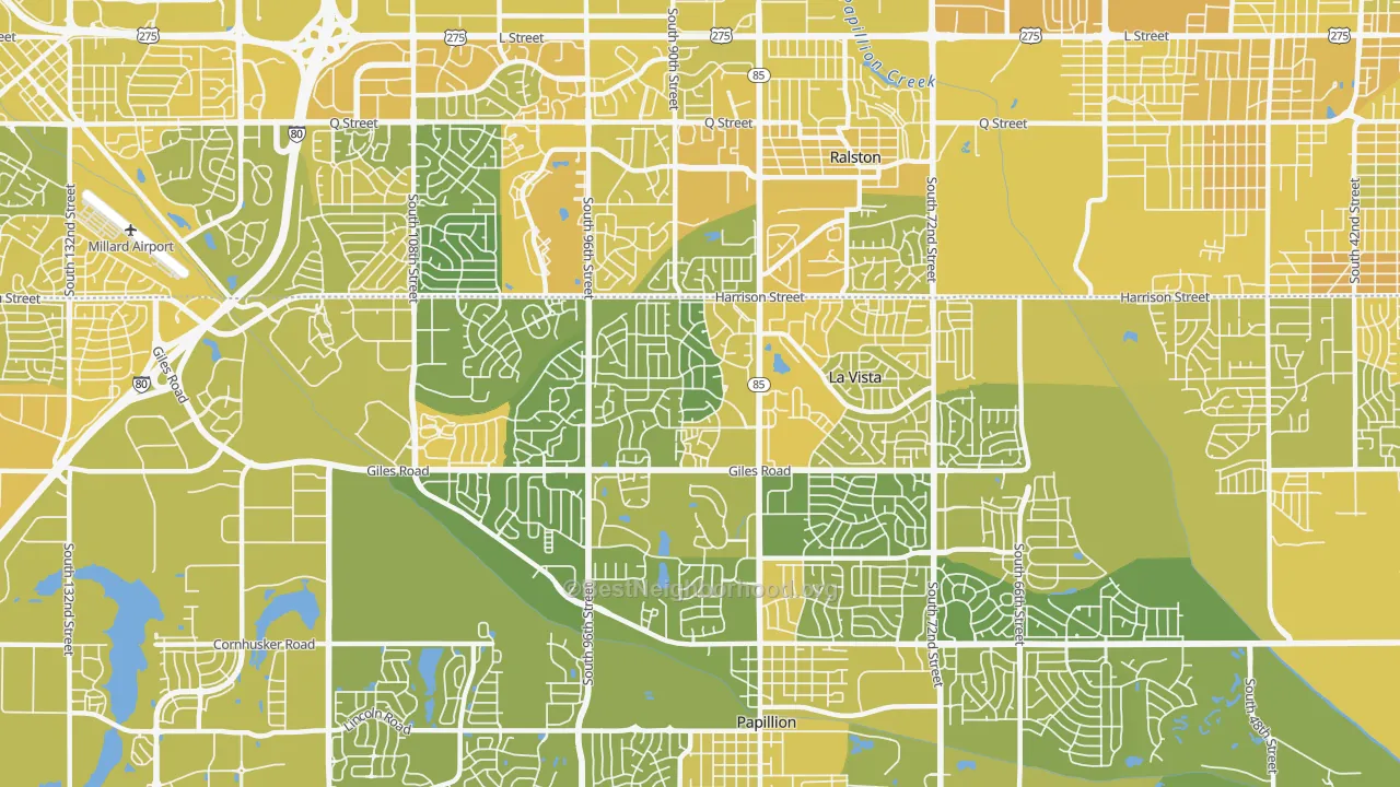 Map of the best neighborhoods in the 68128 area, with better matches in green and worse matches in red