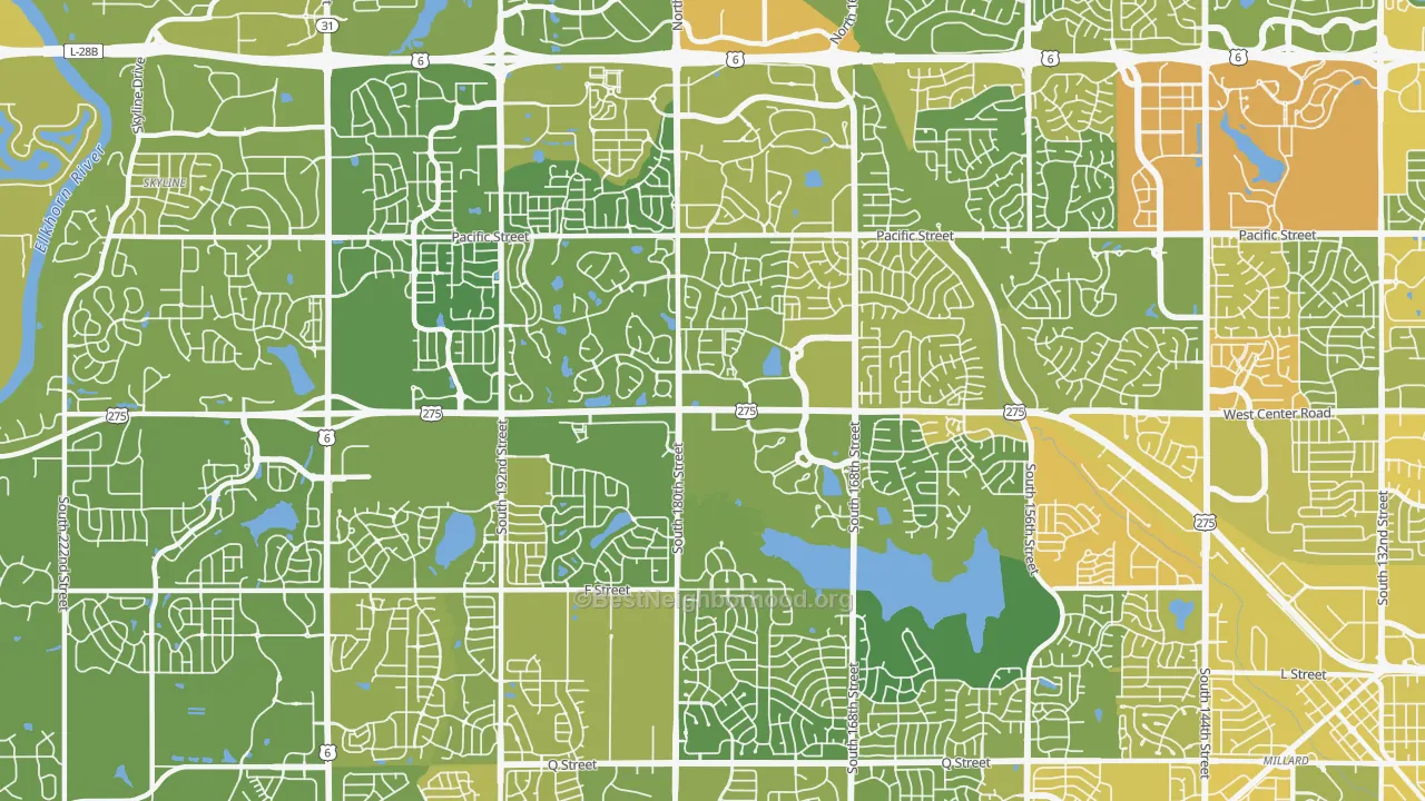 Map of the best neighborhoods in the 68130 area, with better matches in green and worse matches in red