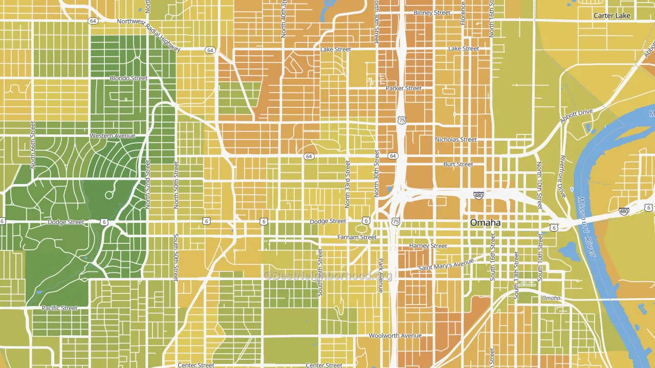 Map of the best neighborhoods in the 68131 area, with better matches in green and worse matches in red