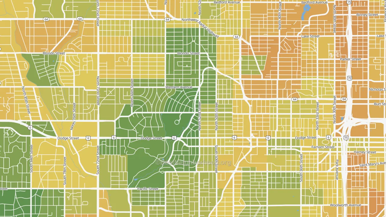 Map of the best neighborhoods in the 68132 area, with better matches in green and worse matches in red