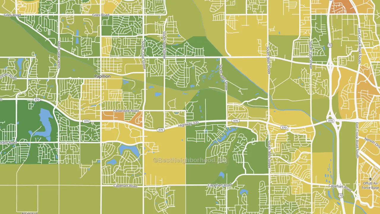 Map of the best neighborhoods in the 68133 area, with better matches in green and worse matches in red