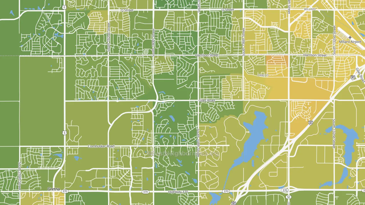 Map of the best neighborhoods in the 68136 area, with better matches in green and worse matches in red