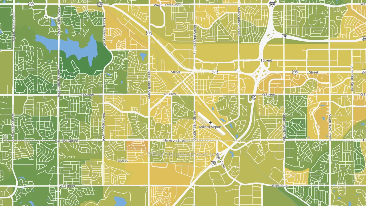 Map of the best neighborhoods in the 68137 area, with better matches in green and worse matches in red