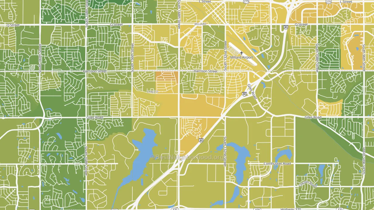 Map of the best neighborhoods in the 68138 area, with better matches in green and worse matches in red