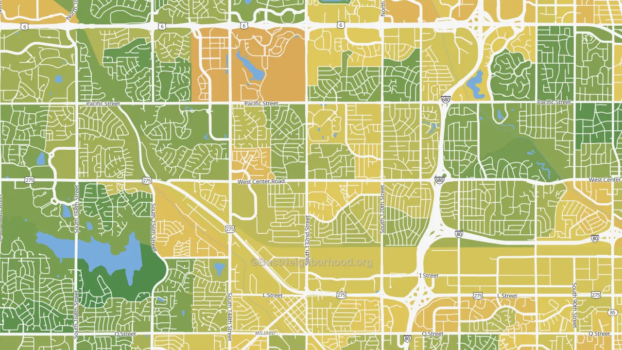 Map of the best neighborhoods in the 68144 area, with better matches in green and worse matches in red