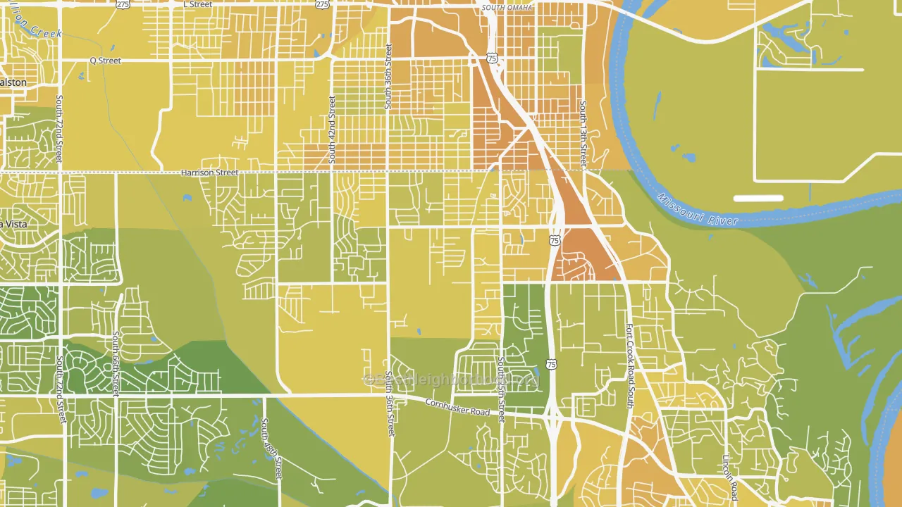 Map of the best neighborhoods in the 68147 area, with better matches in green and worse matches in red
