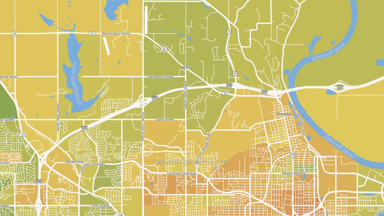 Map of the best neighborhoods in the 68152 area, with better matches in green and worse matches in red