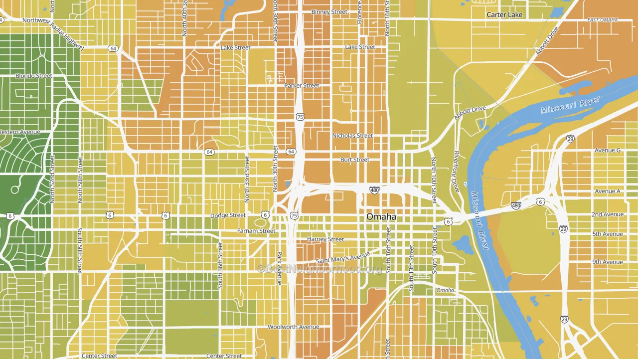 Map of the best neighborhoods in the 68178 area, with better matches in green and worse matches in red