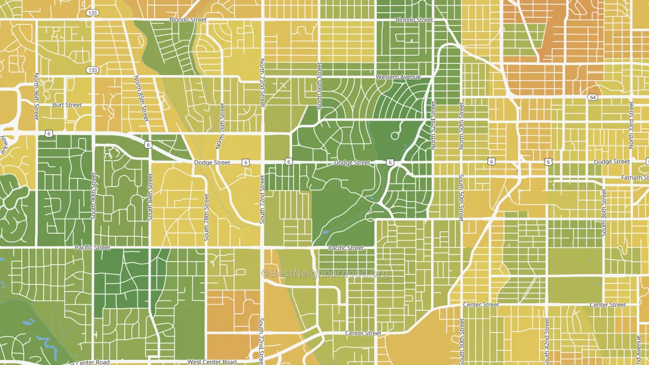 Map of the best neighborhoods in the 68182 area, with better matches in green and worse matches in red