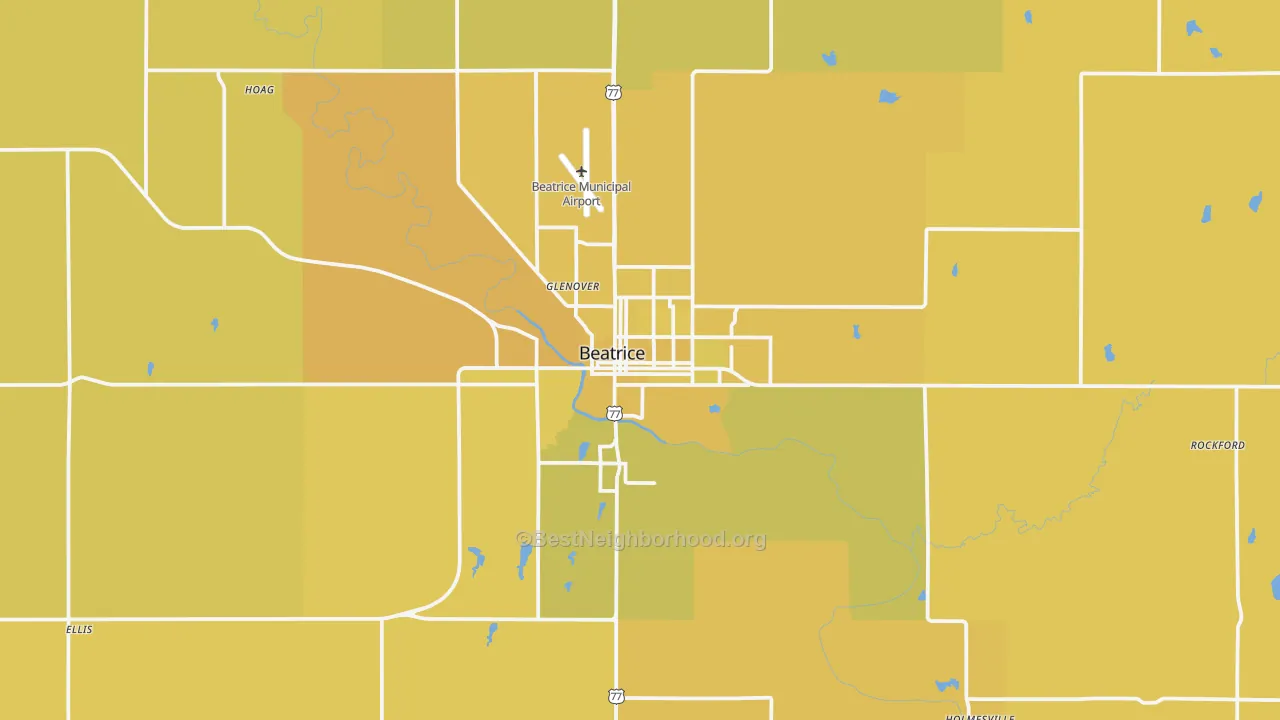 Map of the best neighborhoods in the 68310 area, with better matches in green and worse matches in red