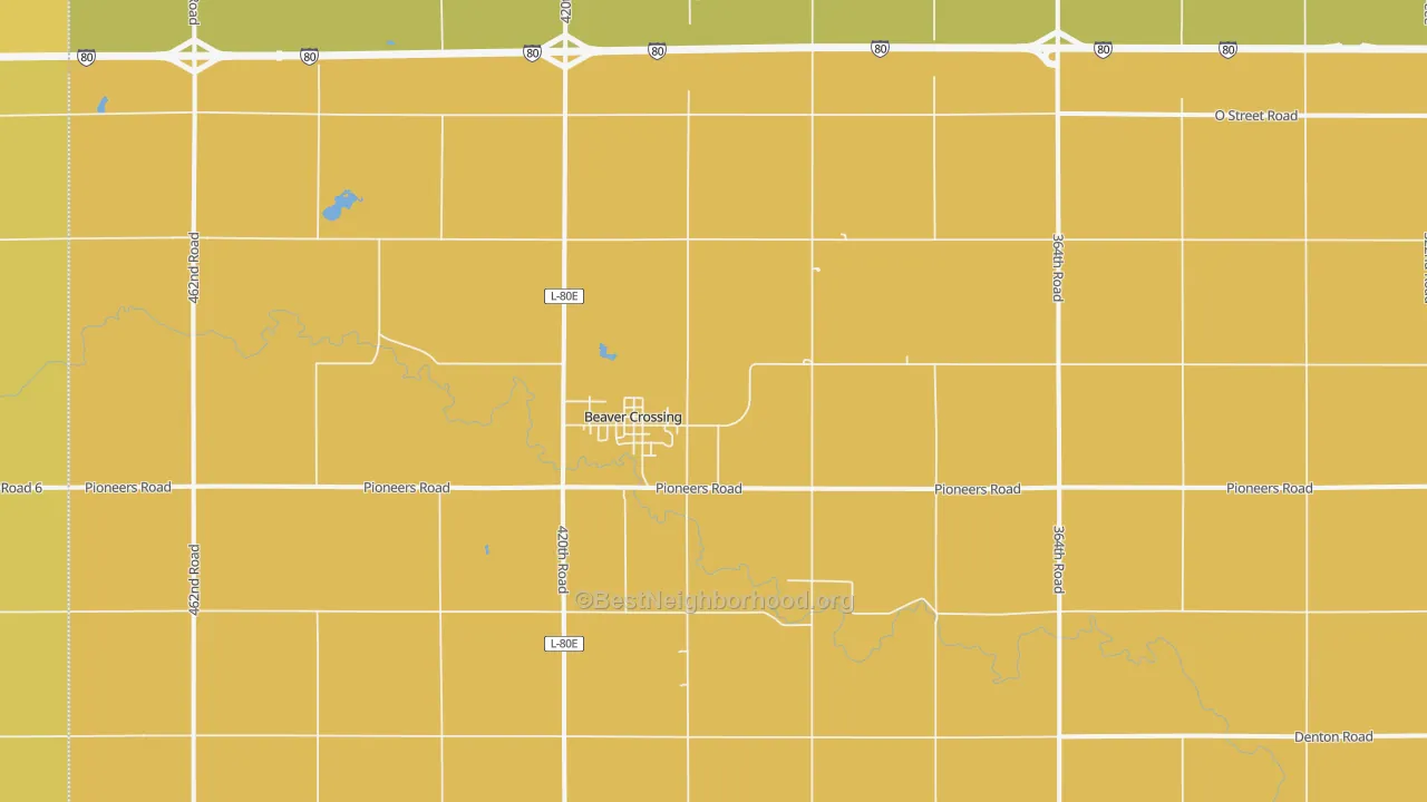 Map of the best neighborhoods in the 68313 area, with better matches in green and worse matches in red